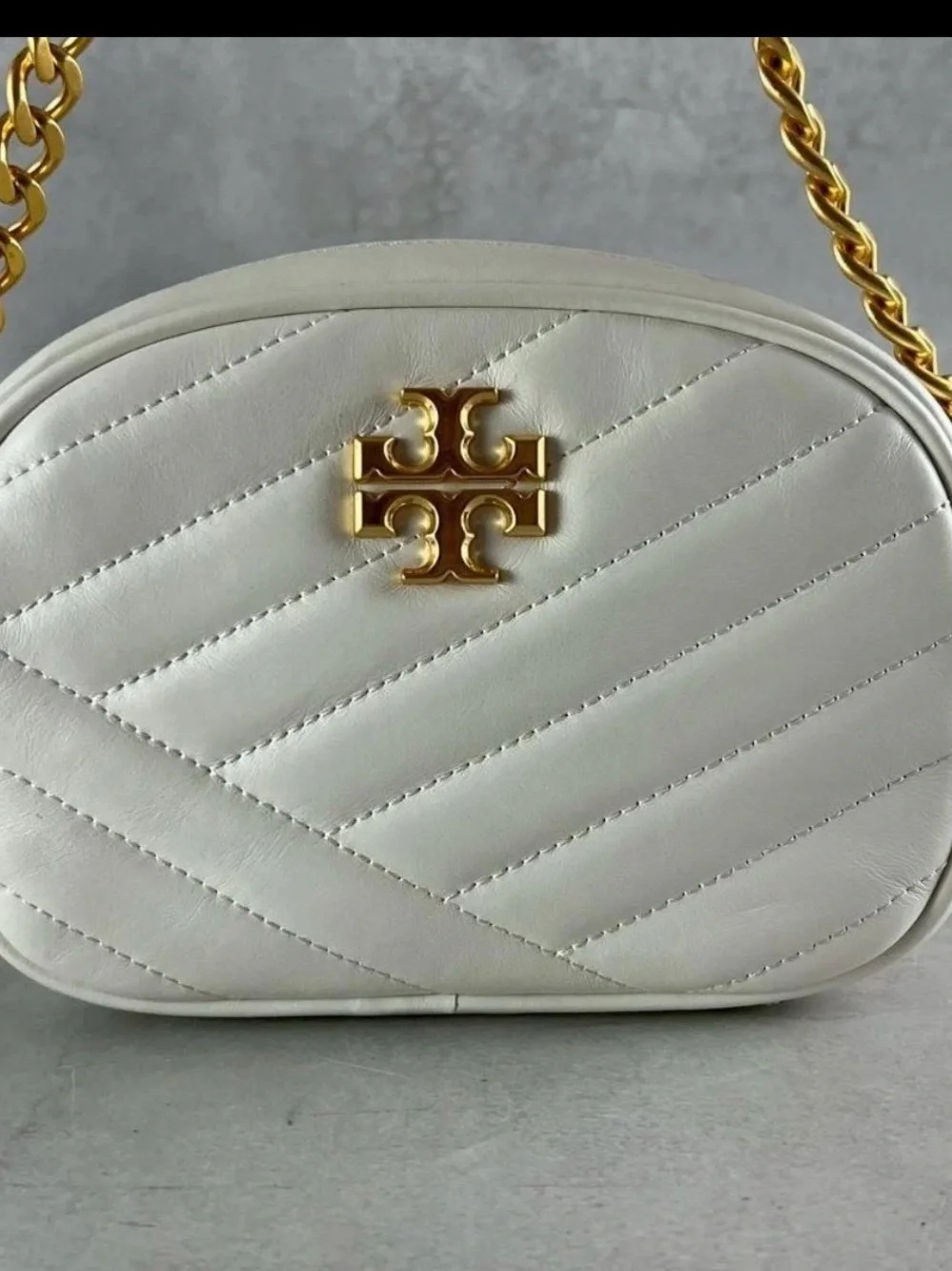 Tory Burch Kira Chevron Small Leather Crossbody Bag with white dust bag